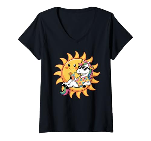 Damen Einhorn Sonnenbrille Einhörner T-Shirt mit V-Ausschnitt Damen Einhorn Sonnenbrille Einhörner T-Shirt mit V-Ausschnitt von Unicorn Pastel Art Gifts