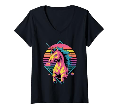 Damen Retro Synthwave Einhorn Einhörner T-Shirt mit V-Ausschnitt Damen Retro Synthwave Einhorn Einhörner T-Shirt mit V-Ausschnitt von Unicorn Pastel Art Gifts