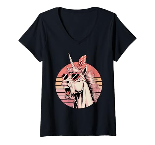 Damen Retro Unicorn Sunglasses Unicorns T-Shirt mit V-Ausschnitt von Unicorn Pastel Art Gifts