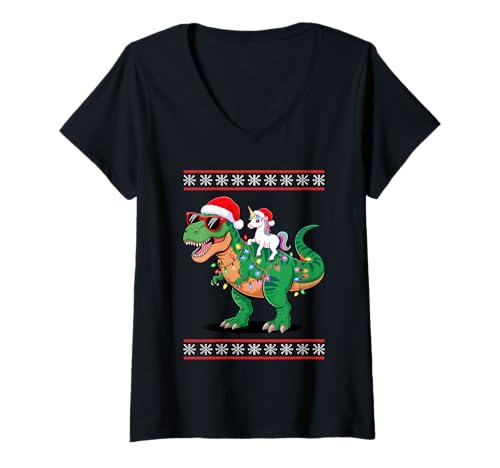 Damen Weihnachten Einhorn T-Rex Dinosaurier Tyrannosaurus Rex T-Shirt mit V-Ausschnitt Damen Weihnachten Einhorn T-Rex Dinosaurier Tyrannosaurus Rex T-Shirt mit V-Ausschnitt von Unicorn Pastel Art Gifts