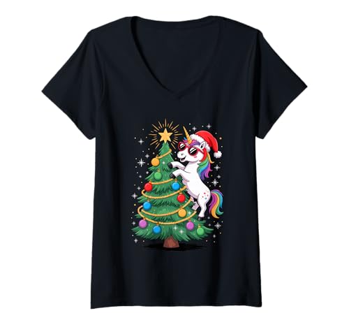 Damen Weihnachtsbaum Einhorn Sonnenbrille T-Shirt mit V-Ausschnitt von Unicorn Pastel Art Gifts