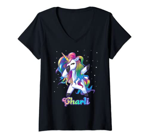 Damen Charli Name Personalisierte individuelle Regenbogen-Einhorn Dabbing T-Shirt mit V-Ausschnitt von Unicorn Personalized Name Custom Clothing