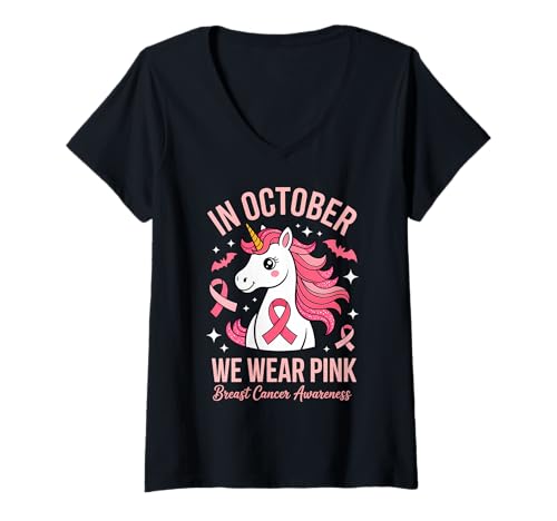Damen Im Oktober tragen wir rosa Brustkrebs T-Shirt mit V-Ausschnitt Damen Im Oktober tragen wir rosa Brustkrebs T-Shirt mit V-Ausschnitt von Unicorn Pink Ribbon Awareness Support