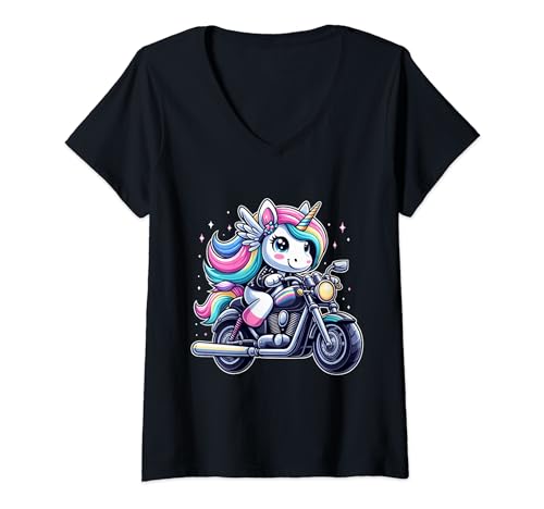 Damen Einhorn Reiten Motorrad Jungen Mädchen Männer Frauen Kinder Erwachsene T-Shirt mit V-Ausschnitt von Unicorn Riding A Motorcycle Rainbow Shop