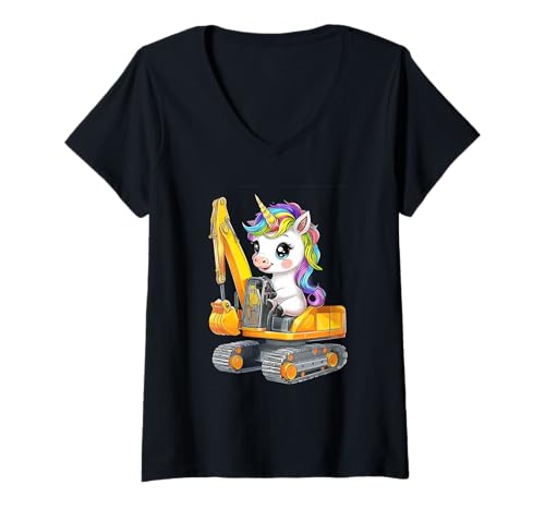 Damen Retro Einhorn Reitbagger Fahrer Baufahrzeug T-Shirt mit V-Ausschnitt von Unicorn Riding Excavator Operator Construction
