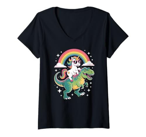 Damen Unicorn Riding T Rex Rainbow Dinosaur with Stars T-Shirt mit V-Ausschnitt Damen Unicorn Riding T Rex Rainbow Dinosaur with Stars T-Shirt mit V-Ausschnitt von Unicorn Riding T Rex Rainbow Dinosaur Magic