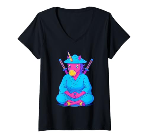 Damen Einhorn sitzend wie Samurai Jungen Mädchen Männer Frauen Kinder Erwachsene T-Shirt mit V-Ausschnitt Damen Einhorn sitzend wie Samurai Jungen Mädchen Männer Frauen Kinder Erwachsene T-Shirt mit V-Ausschnitt von Unicorn Sitting Like Samurai Rainbow Shop