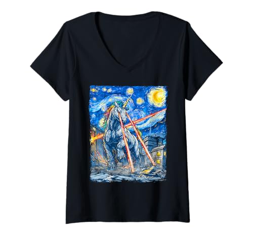Damen Lustiges Einhorn Kaiju Monster Sternennacht Van Gogh Malerei T-Shirt mit V-Ausschnitt Damen Lustiges Einhorn Kaiju Monster Sternennacht Van Gogh Malerei T-Shirt mit V-Ausschnitt von Unicorn Starry Night Kaiju Monster Japanese Gifts