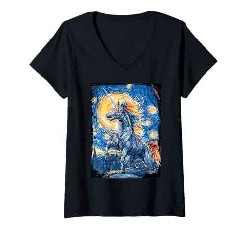 Damen Lustiges Einhorn Kaiju Monster Sternennacht Van Gogh Malerei T-Shirt mit V-Ausschnitt Damen Lustiges Einhorn Kaiju Monster Sternennacht Van Gogh Malerei T-Shirt mit V-Ausschnitt von Unicorn Starry Night Kaiju Monster Japanese Gifts