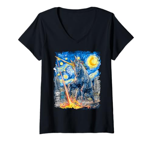 Damen Lustiges Einhorn Kaiju Monster Sternennacht Van Gogh Malerei T-Shirt mit V-Ausschnitt Damen Lustiges Einhorn Kaiju Monster Sternennacht Van Gogh Malerei T-Shirt mit V-Ausschnitt von Unicorn Starry Night Kaiju Monster Japanese Gifts
