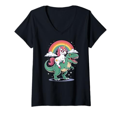Damen Cute Unicorn Riding T Rex Dinosaur Rainbow Clouds T-Shirt mit V-Ausschnitt Damen Cute Unicorn Riding T Rex Dinosaur Rainbow Clouds T-Shirt mit V-Ausschnitt von Unicorn T Rex Dinosaur Rainbow Sunglasses Fun