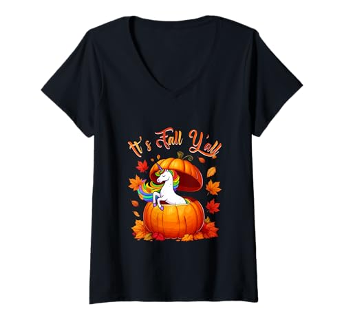 Damen Fall Y'all Thanksgiving Unicorn Inside Pumpkin Fall Leaves T-Shirt mit V-Ausschnitt Damen Fall Y'all Thanksgiving Unicorn Inside Pumpkin Fall Leaves T-Shirt mit V-Ausschnitt von Unicorn Thanksgiving Costume