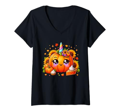 Damen Floral Pumpkin As Unicorn Face Thanksgiving Matching Kids T-Shirt mit V-Ausschnitt Damen Floral Pumpkin As Unicorn Face Thanksgiving Matching Kids T-Shirt mit V-Ausschnitt von Unicorn Thanksgiving Costume