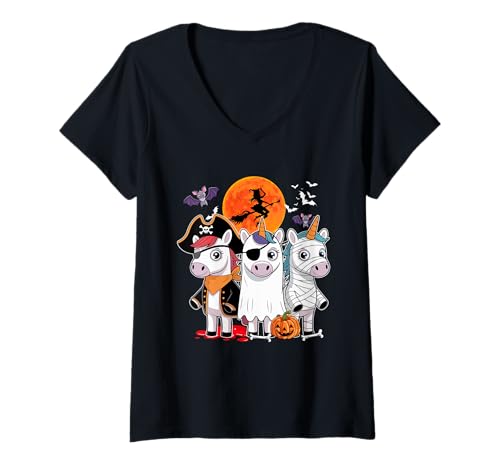 Damen Three Funny Unicorns Costume Pirate Boo Mummy Halloween Kids T-Shirt mit V-Ausschnitt Damen Three Funny Unicorns Costume Pirate Boo Mummy Halloween Kids T-Shirt mit V-Ausschnitt von Unicorn Thanksgiving Costume