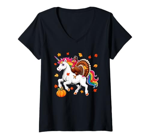 Damen Truthahn Reiten Einhorn Thanksgiving Herbst Blätter Kürbisliebhaber T-Shirt mit V-Ausschnitt Damen Truthahn Reiten Einhorn Thanksgiving Herbst Blätter Kürbisliebhaber T-Shirt mit V-Ausschnitt von Unicorn Thanksgiving Costume