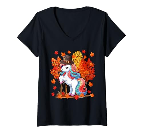 Damen Unicorn Cute Pilgrim Thanksgiving Fall Tree Lover Kid Family T-Shirt mit V-Ausschnitt Damen Unicorn Cute Pilgrim Thanksgiving Fall Tree Lover Kid Family T-Shirt mit V-Ausschnitt von Unicorn Thanksgiving Costume