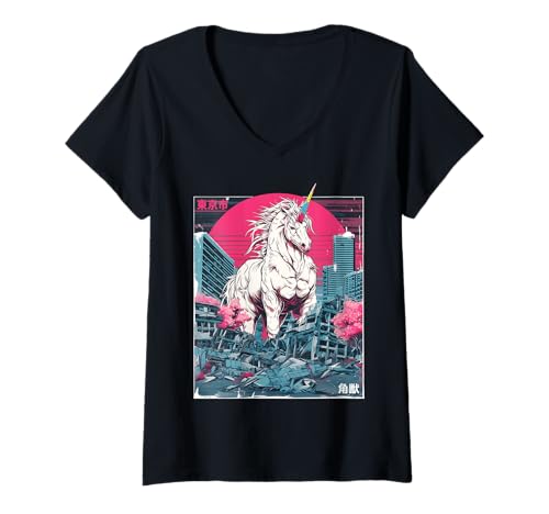 Damen Lustiges ästhetisches Synthwave-Einhorn-Kaiju-Monster von Vaporwave T-Shirt mit V-Ausschnitt von Unicorn Vaporwave Aesthetic Kaiju Monster Gifts