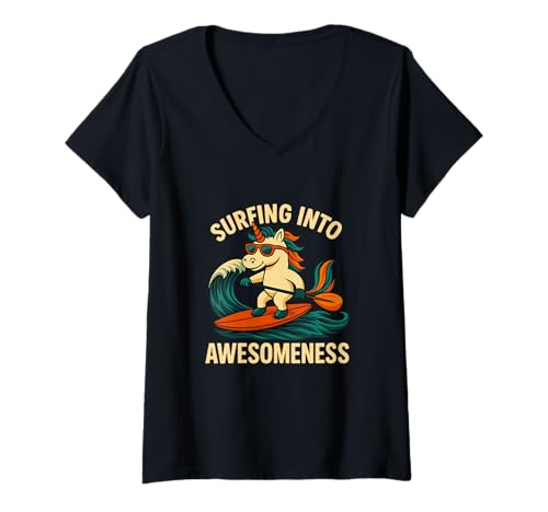 Damen Motiv „Surfing Einhorn“, lustiges Strandliebhaber-Design T-Shirt mit V-Ausschnitt Damen Motiv „Surfing Einhorn“, lustiges Strandliebhaber-Design T-Shirt mit V-Ausschnitt von Unicorn Waves and Beach Vibes Apparel