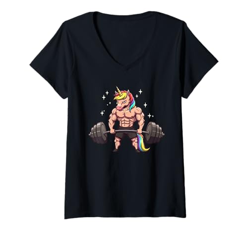 Damen Unicorn Fitness Gym Workout Gewichtheben Liebhaber Training T-Shirt mit V-Ausschnitt von Unicorn Weightlifter Gym Instructor Bodybuilder