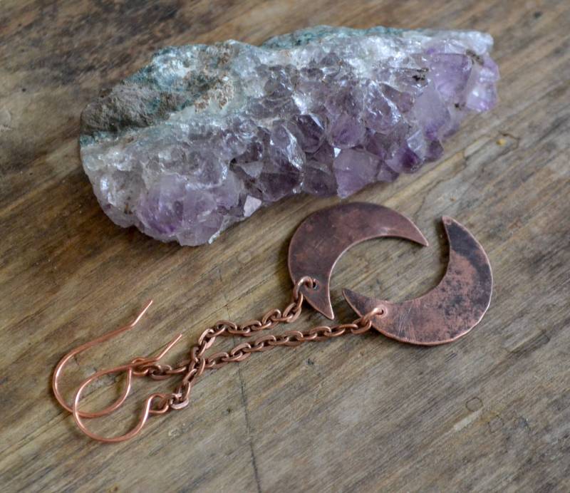 Mond Ohrringe, Halbmond Kupfer Und Kette An Einer Boho Ohrringe von UnicornVibration