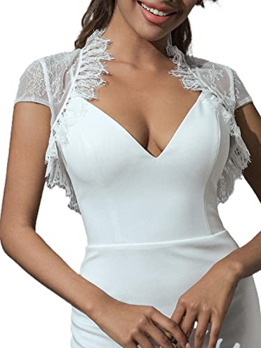Unicra Abendkleid Spitze Bolero Hochzeitsjacke Kurzarm Shrugs Spitze Topper Weiß Braut Crop Top Kleid Umhang für Frauen und Brautjungfern, weiß, （M,40） von Unicra