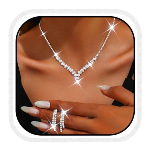 Unicra Abendschmuck Set Strass Halskette Ohrringe Sets Silber Kristall Braut Schmuck Accessoires für Frauen von Unicra