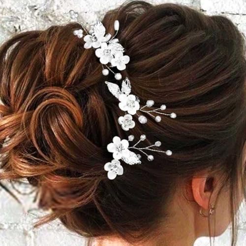 Unicra Blume Braut Haarnadeln Blatt Hochzeit Haarteil Silber Strass Haarspangen Perle Haarschmuck für Frauen und Bräute (Packung mit 3) (Silber, One Size) von Unicra