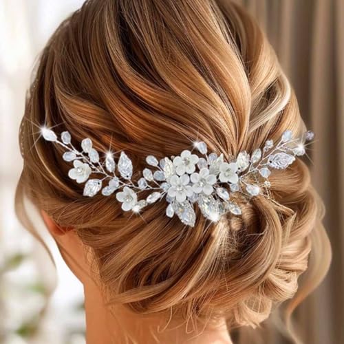 Unicra Blume Braut Haar Kamm Blatt Hochzeit Kopfstück Silber Strass Haarteil für Frauen und Mädchen von Unicra