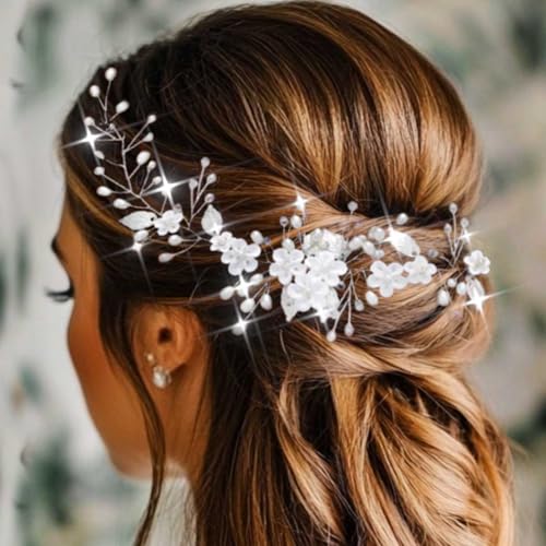 Unicra Blume Hochzeit Haar Rebe Blatt Braut Kopfstück Silber Perle Haarschmuck für Frauen und Mädchen (Silber, One Size) von Unicra