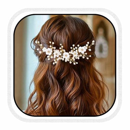 Unicra Blumen Haarschmuck Hochzeit Kopfschmuck Perlen Hochzeit Haarschmuck Braut Kristall Braut Kopfbedeckung(Gold) von Unicra