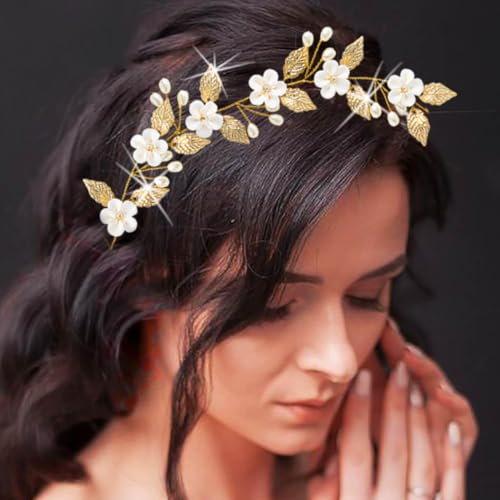 Unicra Haarschmuck für Braut, Hochzeit, Weinrebe, Blume, Perlen, Kopfschmuck, Braut-Haarschmuck für Damen (Gold) von Unicra