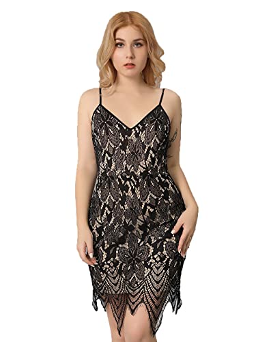 Unicra Damen Abend Spitze V-Ausschnitt Ärmelloses Kleid Spaghettiträger Kleider Cocktail Formale Hochzeit Spitzenkleid Schulterfrei（XL） von Unicra