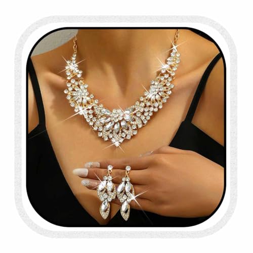 Unicra Gold Hochzeit Schmuck Set Strass Braut Halskette und Ohrringe Set Prom indischen Modeschmuck Sets für Frauen (Gold) von Unicra