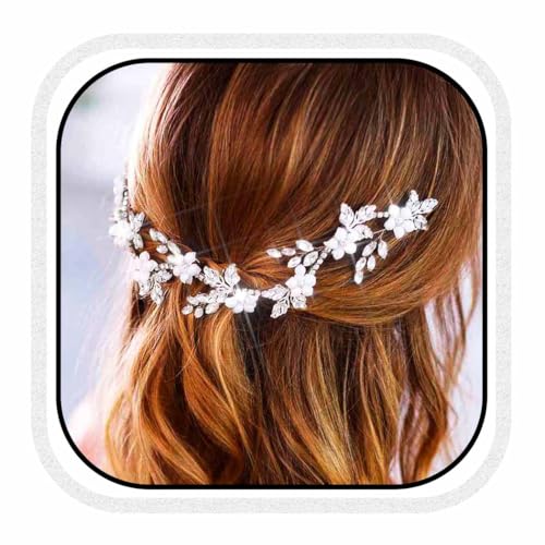 Unicra Kristall Hochzeit Haar Rebe Blume Braut Kopfstück Silber Kopfschmuck Strass Haarschmuck für Frauen und Mädchen (Silber, Freie Größe) von Unicra