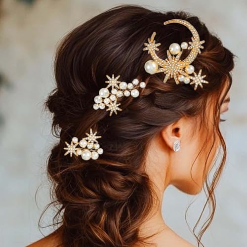 Unicra Mond Stern Hochzeit Haar Pins Perle Braut Haarspangen Gold Haarschmuck für Frauen und Bräute (Packung mit 3) (Gold, One Size) von Unicra