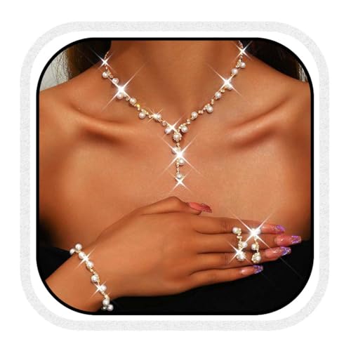 Unicra Pearl Brautschmuck Set Silber Strass Hochzeit Halsketten und Ohrringe Armband Set Formal Kostüm Prom Kristall Schmuck Sets für Frauen und Bräute (Gold, One Size) von Unicra