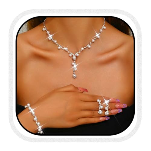 Unicra Pearl Brautschmuck Set Silber Strass Hochzeit Halsketten und Ohrringe Armband Set Formal Kostüm Prom Kristall Schmuck Sets für Frauen und Bräute (Silber, One Size) von Unicra