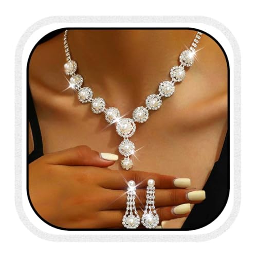 Unicra Perle Brautschmuck Set Silber Strass Hochzeit Halsketten und Ohrringe Set Formal Kostüm Prom Kristallschmuck Sets für Frauen und Bräute (Silber, One Size) von Unicra