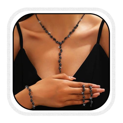 Unicra Schwarz Hochzeit Schmucksets Strass Braut Halskette und Ohrringe Armband Set Formal Prom Modeschmuck Set für Frauen und Bräute (Schwarz, One Size) von Unicra