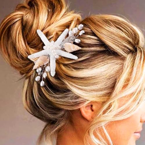 Unicra Seestern Hochzeit Haarspange Muschel Silber Braut Haarteil Perle Meerjungfrau Haarschmuck für Frauen und Bräute (Silber, One Size) von Unicra