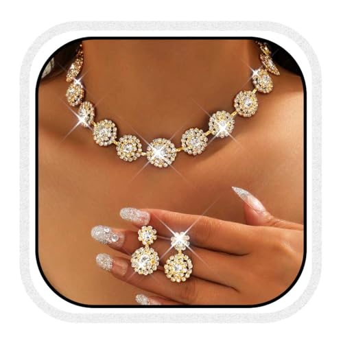 Unicra Gold Braut Hochzeit Schmuck Sets Rhinestone Choker Halsketten und Ohrringe Set Kostüm Prom Formal Kristall Schmuck Set für Frauen und Bräute (Gold, One Size) von Unicra
