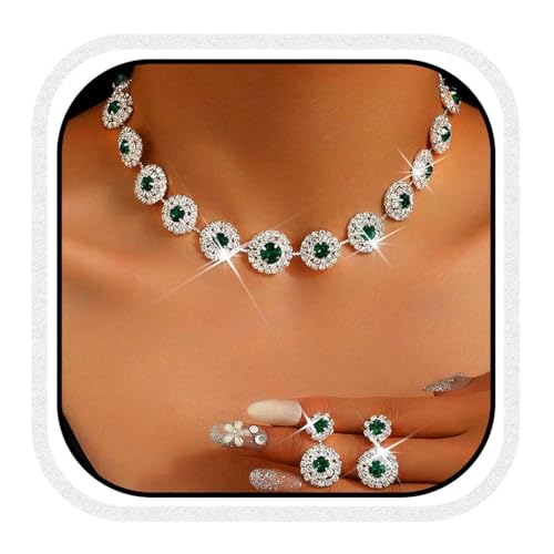 Unicra Grün Braut Hochzeit Schmuck Sets Rhinestone Choker Halsketten und Ohrringe Set Kostüm Prom Formal Kristall Schmuck Set für Frauen und Bräute (Grün, One Size) von Unicra