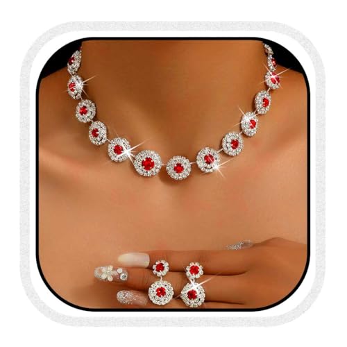 Unicra Rot Braut Hochzeit Schmuck Sets Rhinestone Choker Halsketten und Ohrringe Set Kostüm Prom Formal Kristall Schmuck Set für Frauen und Bräute (Rot, One Size) von Unicra