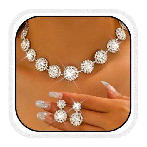 Unicra Silber Braut Hochzeit Schmuck Sets Rhinestone Choker Halsketten und Ohrringe Set Kostüm Prom Formal Kristall Schmuck Set für Frauen und Bräute (Silber, One Size) von Unicra