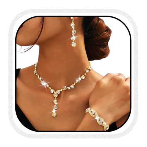 Unicra Gold Brautschmuck Sets Strass Hochzeit Halskette und Ohrringe Armband Set Prom Formal Modeschmuck Set für Frauen und Bräute (Gold, One Size) von Unicra