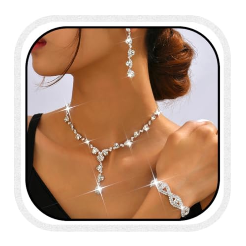Unicra Silber Brautschmuck Sets Strass Hochzeit Halskette und Ohrringe Armband Set Prom Formal Modeschmuck Set für Frauen und Bräute (Silber, One Size) von Unicra