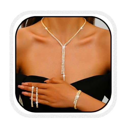 Unicra Gold Hochzeit Schmuck Set Strass Brautschmuck Halsketten und Ohrringe Armband Set Kostüm Prom Formal Kristall Schmuck Sets für Frauen und Bräute (Gold, One Size) von Unicra
