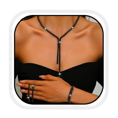 Unicra Schwarz Hochzeit Schmuck Set Strass Brautschmuck Halsketten und Ohrringe Armband Set Kostüm Prom Formal Kristall Schmuck Sets für Frauen und Bräute (Schwarz, One Size) von Unicra