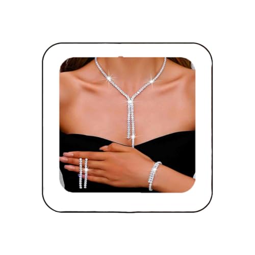Unicra Silber Hochzeit Schmuck Set Strass Brautschmuck Halsketten und Ohrringe Armband Set Kostüm Prom Formal Kristall Schmuck Sets für Frauen und Bräute (Silber, One Size) von Unicra
