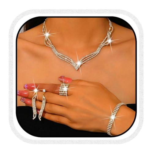 Unicra Gold Hochzeit Schmuck Sets Strass Braut Halskette und Ohrringe Armband Ring Set Prom Formal Modeschmuck Set für Frauen und Bräute (Gold, One Size) von Unicra